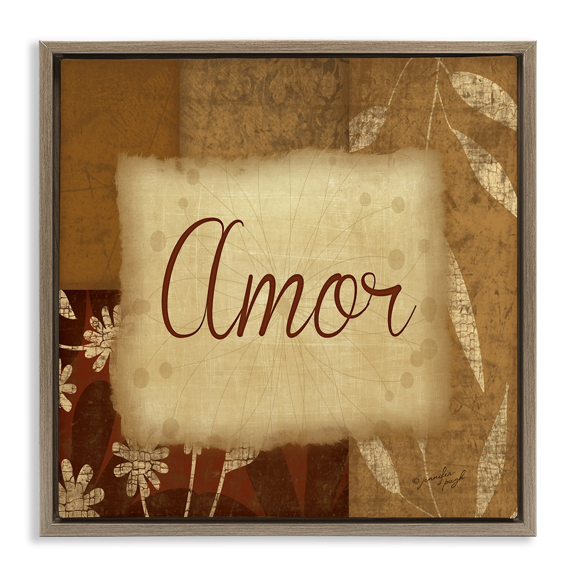 Stupell Industries Amor con Flores Tradicionales Typography and Symbols Painting Brown Floater Framed Art Print Wall Art, 18 x 18