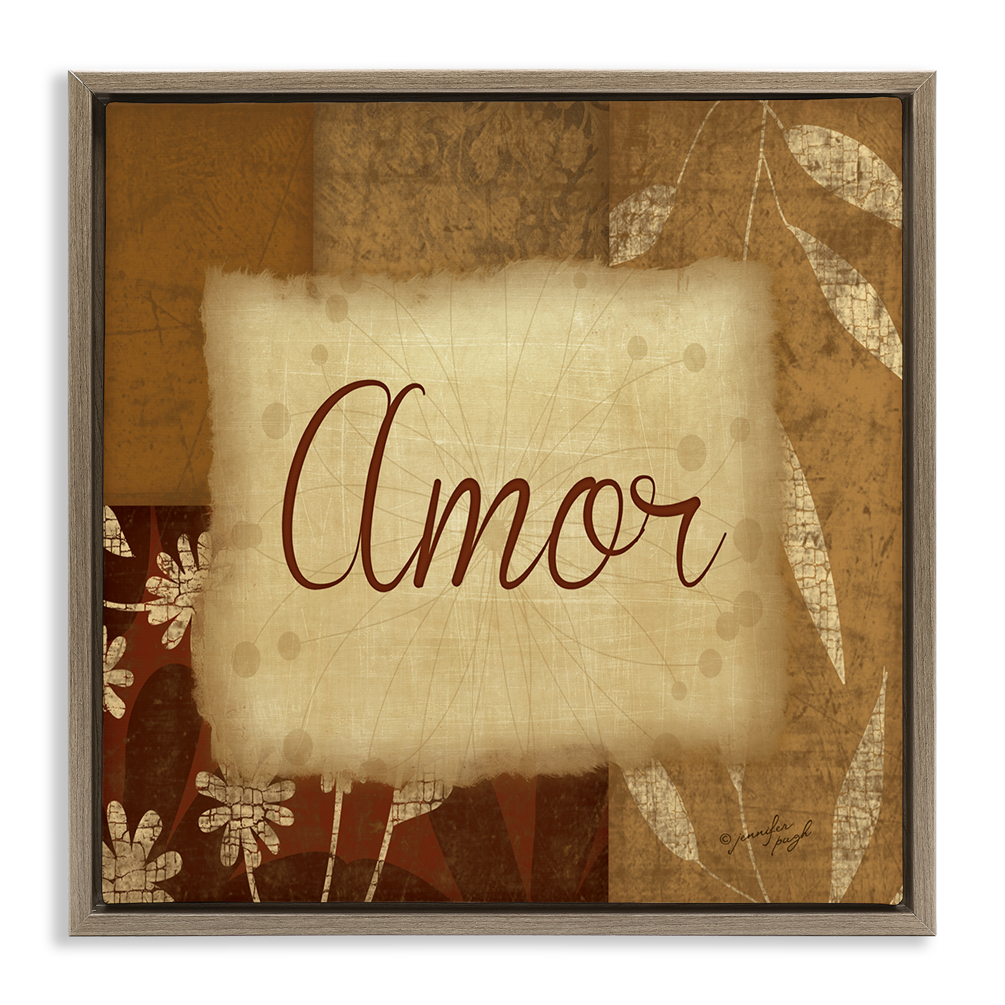 Stupell Industries Amor con Flores Tradicionales Typography and Symbols Painting Brown Floater Framed Art Print Wall Art, 25 x 25