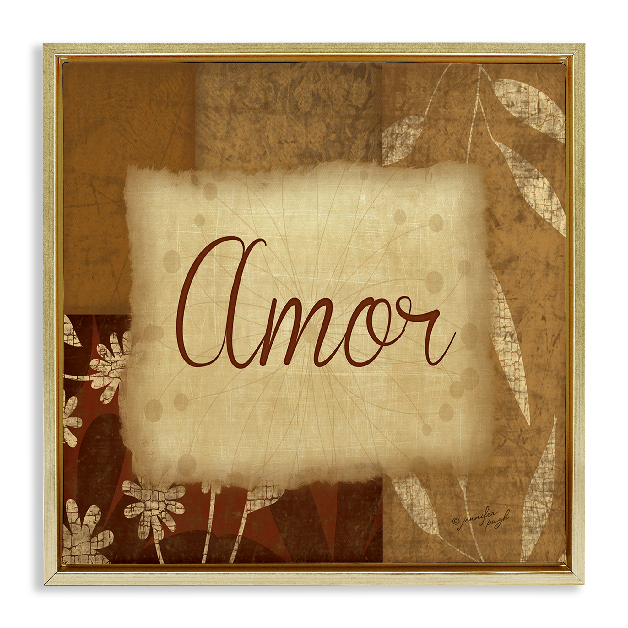Stupell Industries Amor con Flores Tradicionales Typography and Symbols Painting Gold Floater Framed Art Print Wall Art, 25 x 25