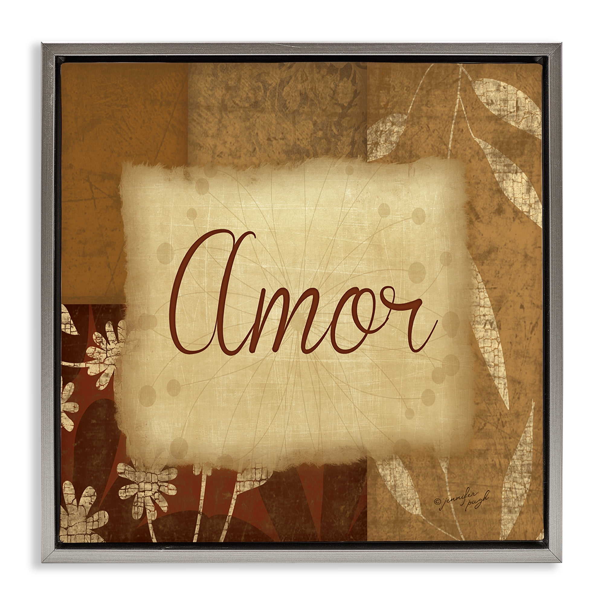 Stupell Industries Amor con Flores Tradicionales Typography and Symbols Painting Gray Floater Framed Art Print Wall Art, 25 x 25