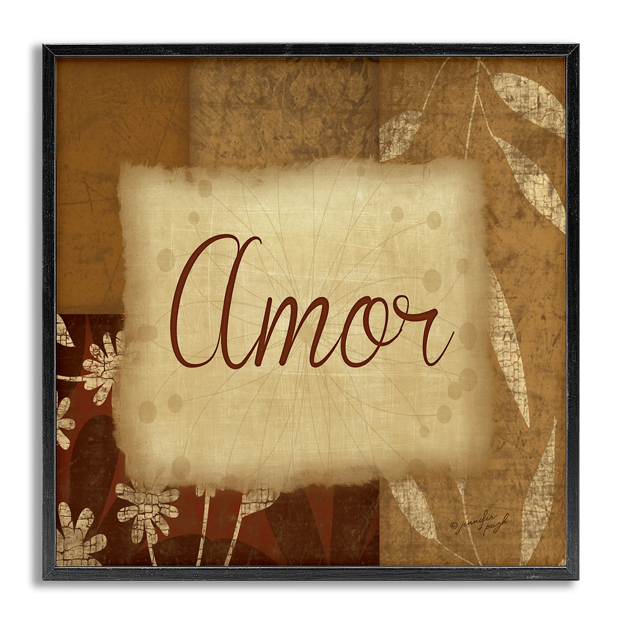 Stupell Industries Amor con Flores Tradicionales Typography and Symbols Painting Gray Framed Art Print Wall Art, 12 x 12