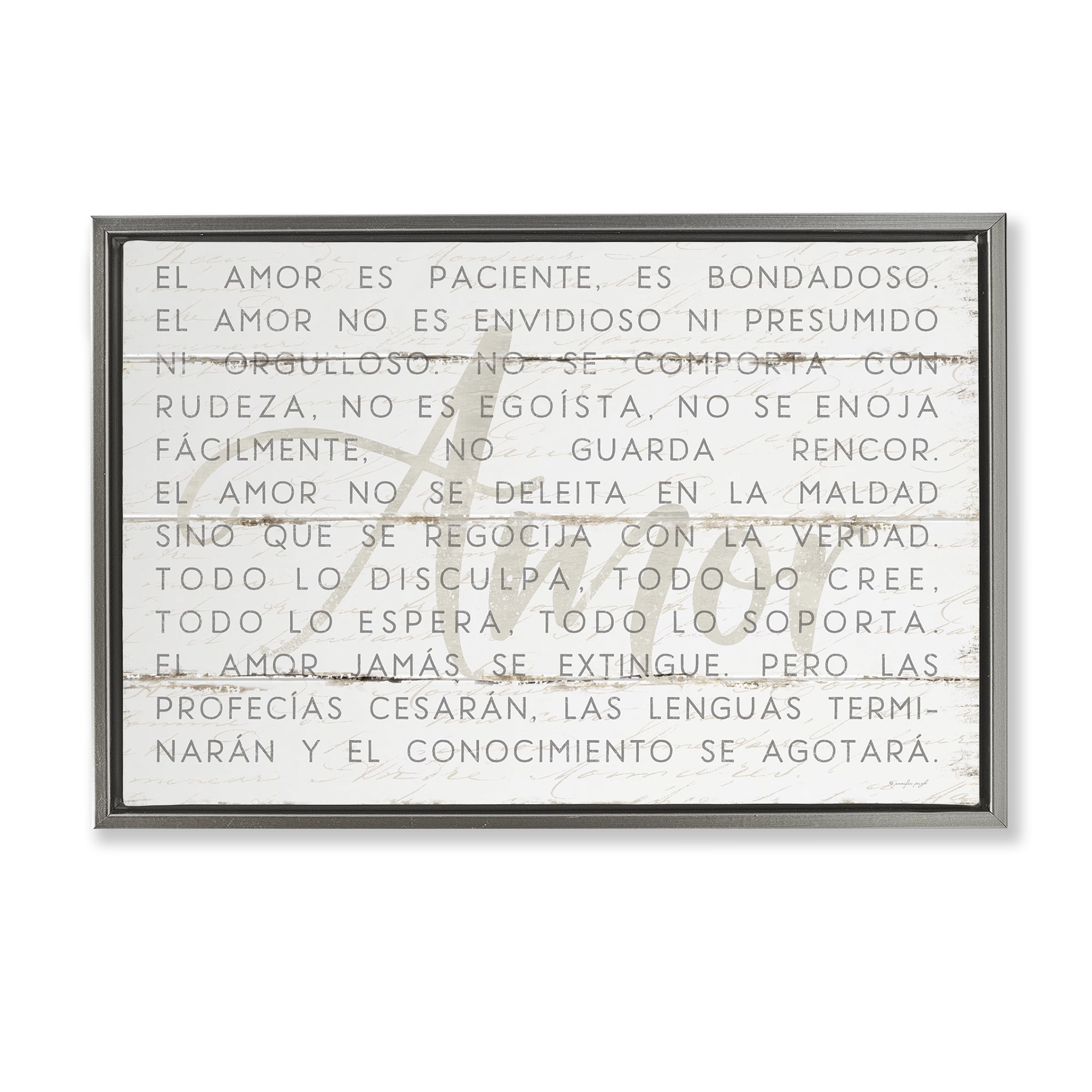Stupell Industries Amor es Paciente y Bondadoso Inspirational Quotes & Sayings Painting Gray Floater Framed Art Print Wall Art, 25 x 17