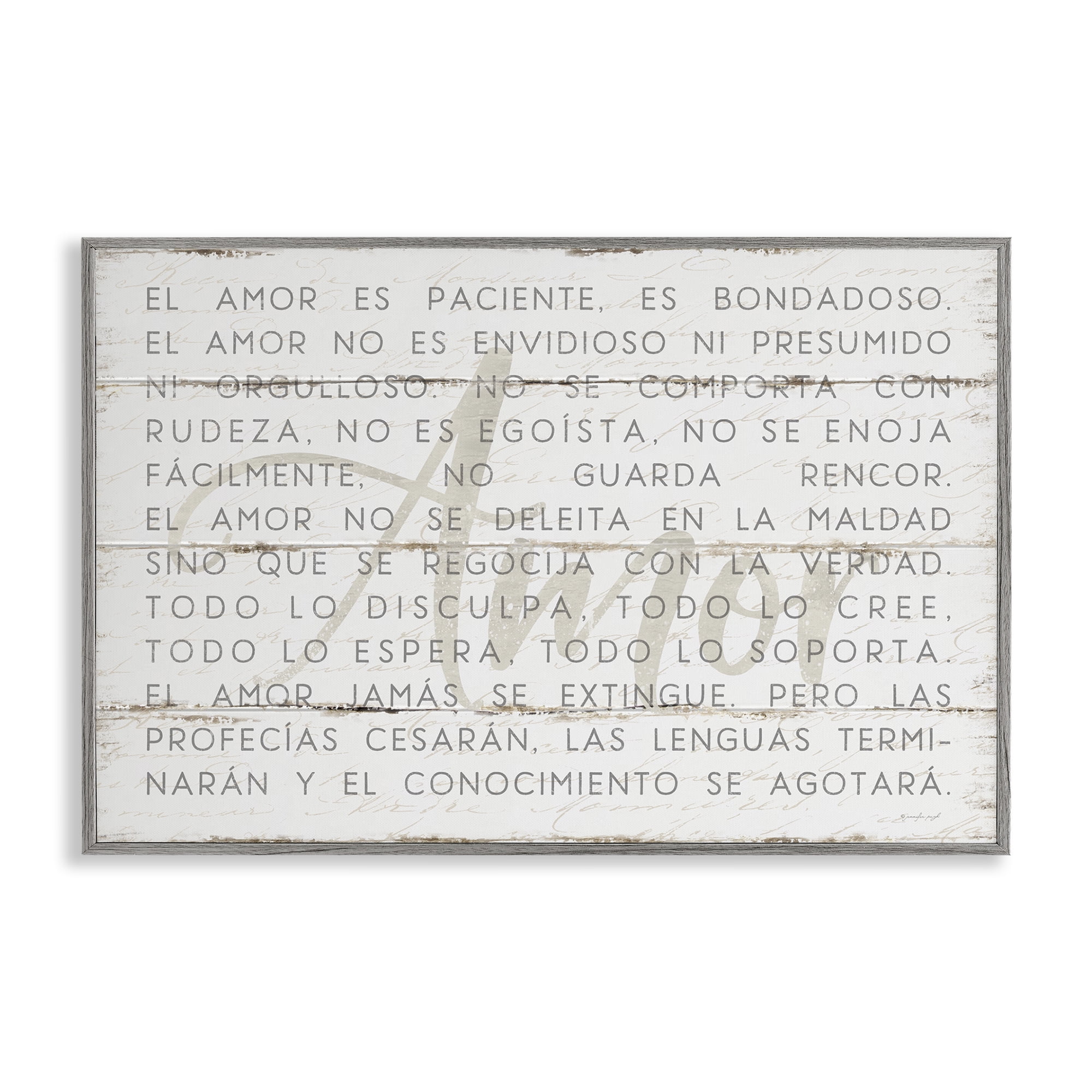 Stupell Industries Amor es Paciente y Bondadoso Inspirational Quotes & Sayings Painting Gray Framed Art Print Wall Art, 24 x 16