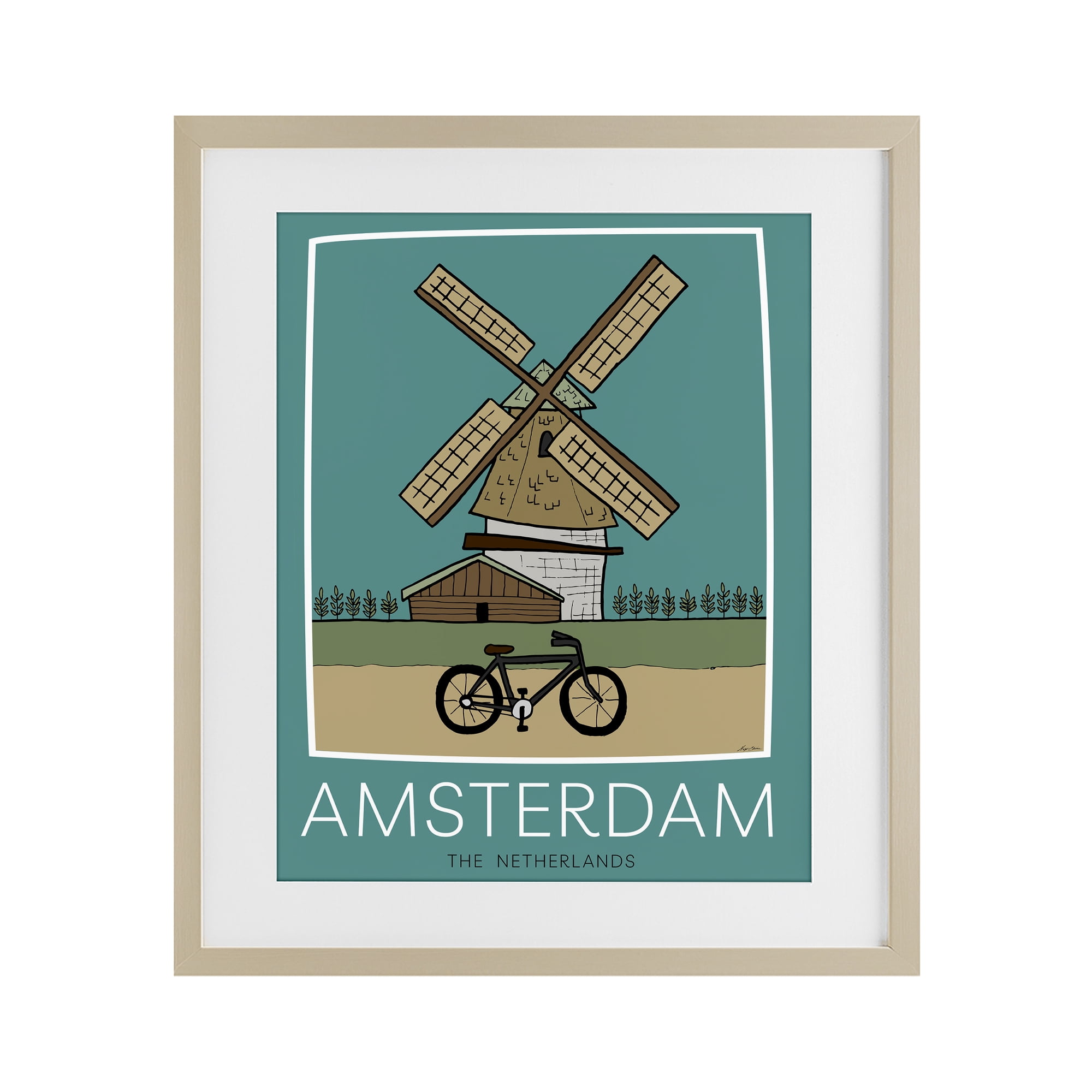 Stupell Industries Amsterdam Windmill Poster Birch Framed Print Under Glass, design by Hugo Edwins