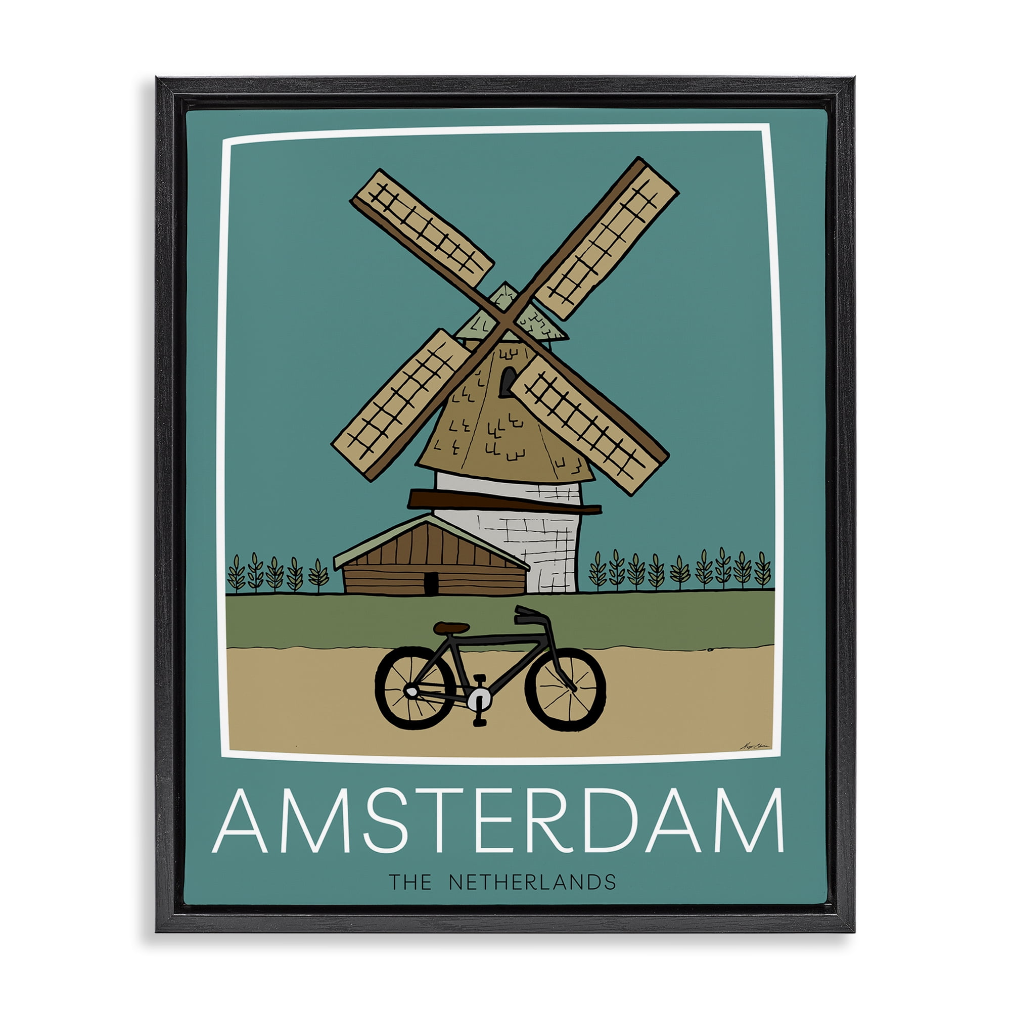 Stupell Industries Amsterdam Windmill Poster Black Framed Floater Canvas Wall Art, design by Hugo Edwins