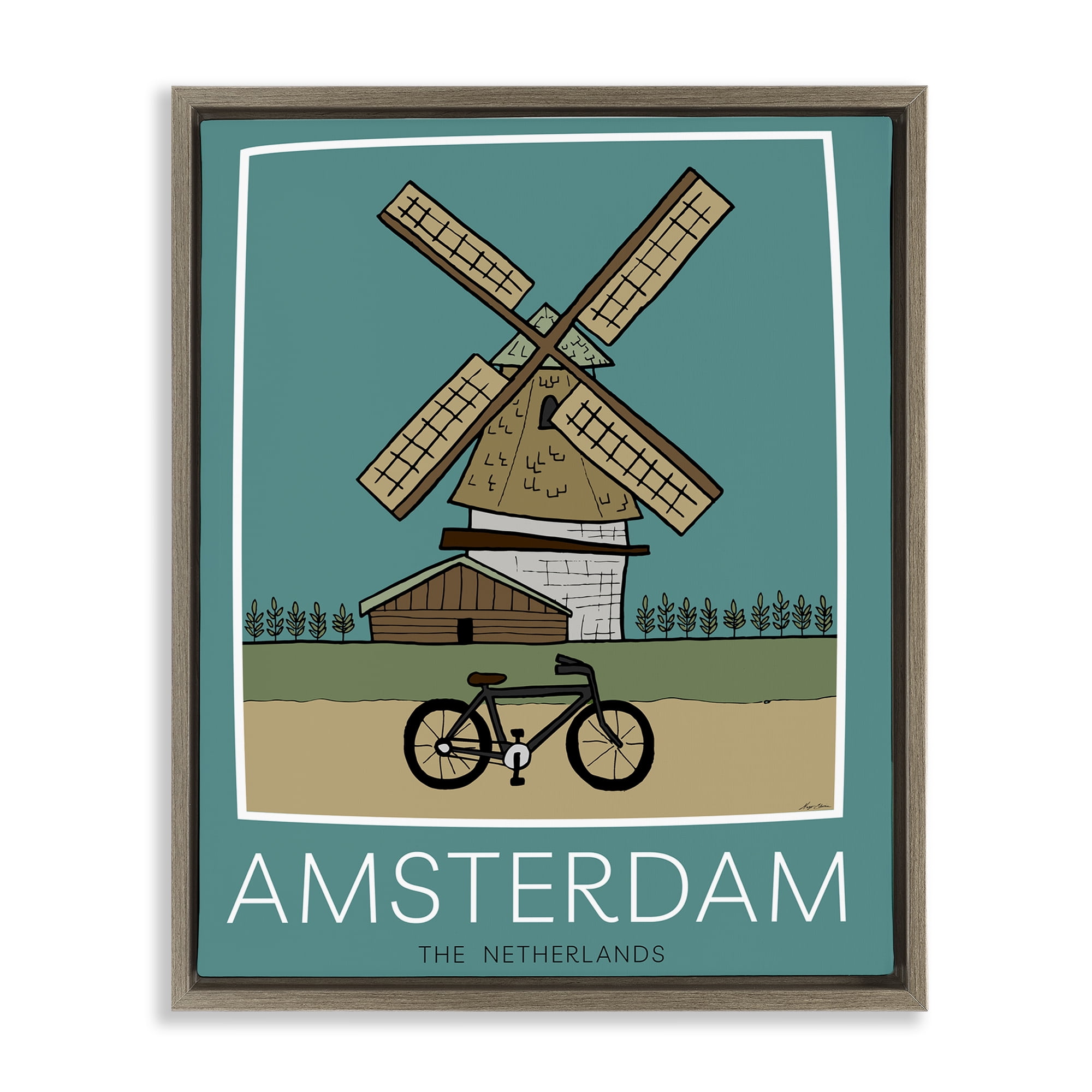 Stupell Industries Amsterdam Windmill Poster Brown Framed Floater Canvas Wall Art, design by Hugo Edwins