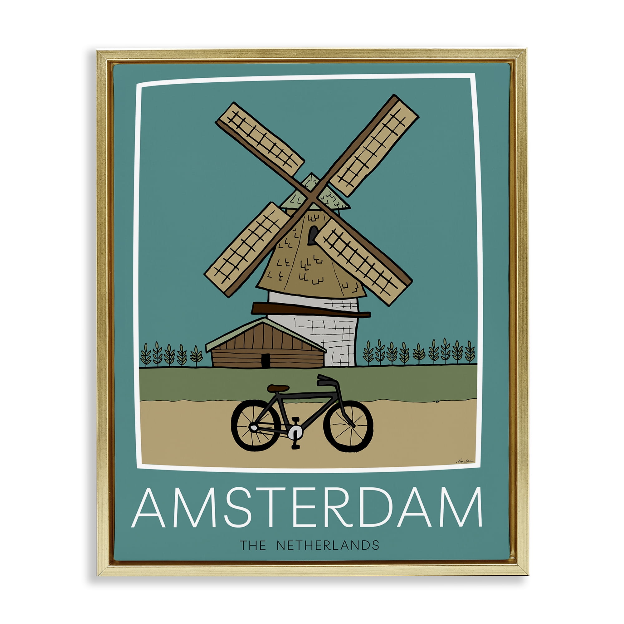 Stupell Industries Amsterdam Windmill Poster Gold Framed Floater Canvas Wall Art, design by Hugo Edwins