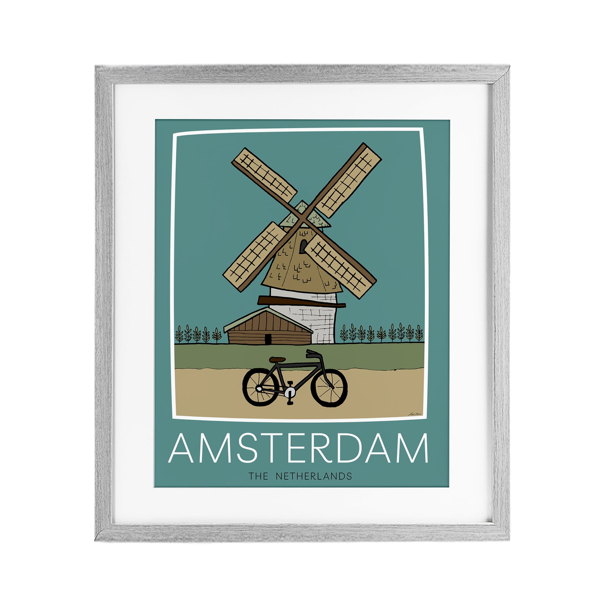 Stupell Industries Amsterdam Windmill Poster Gray Framed Print Under Glass, design by Hugo Edwins