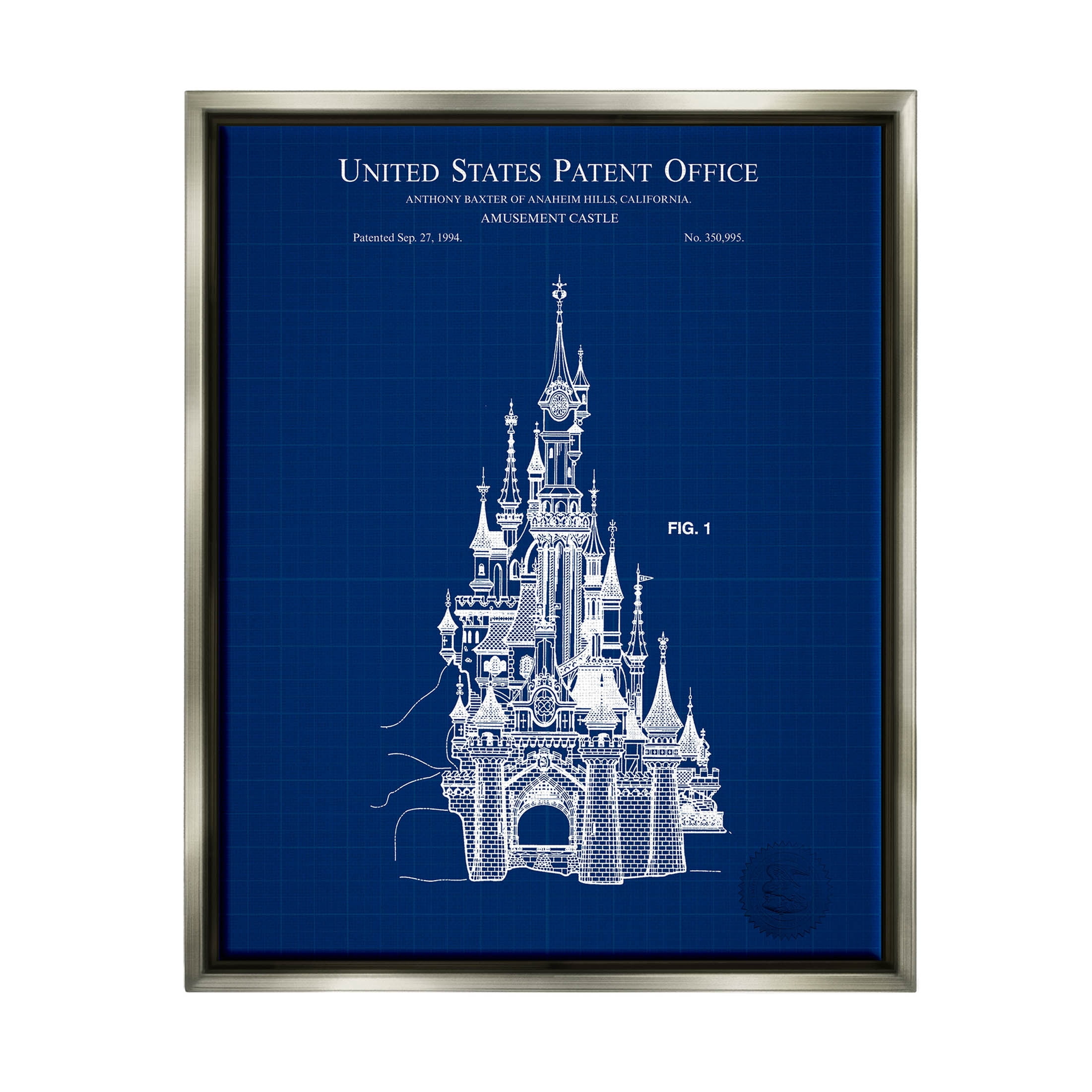 Stupell Industries Amusement Castle Blueprint Graphic Art Luster Gray Floating Framed Canvas Print Wall Art, Design by Karl Hronek
