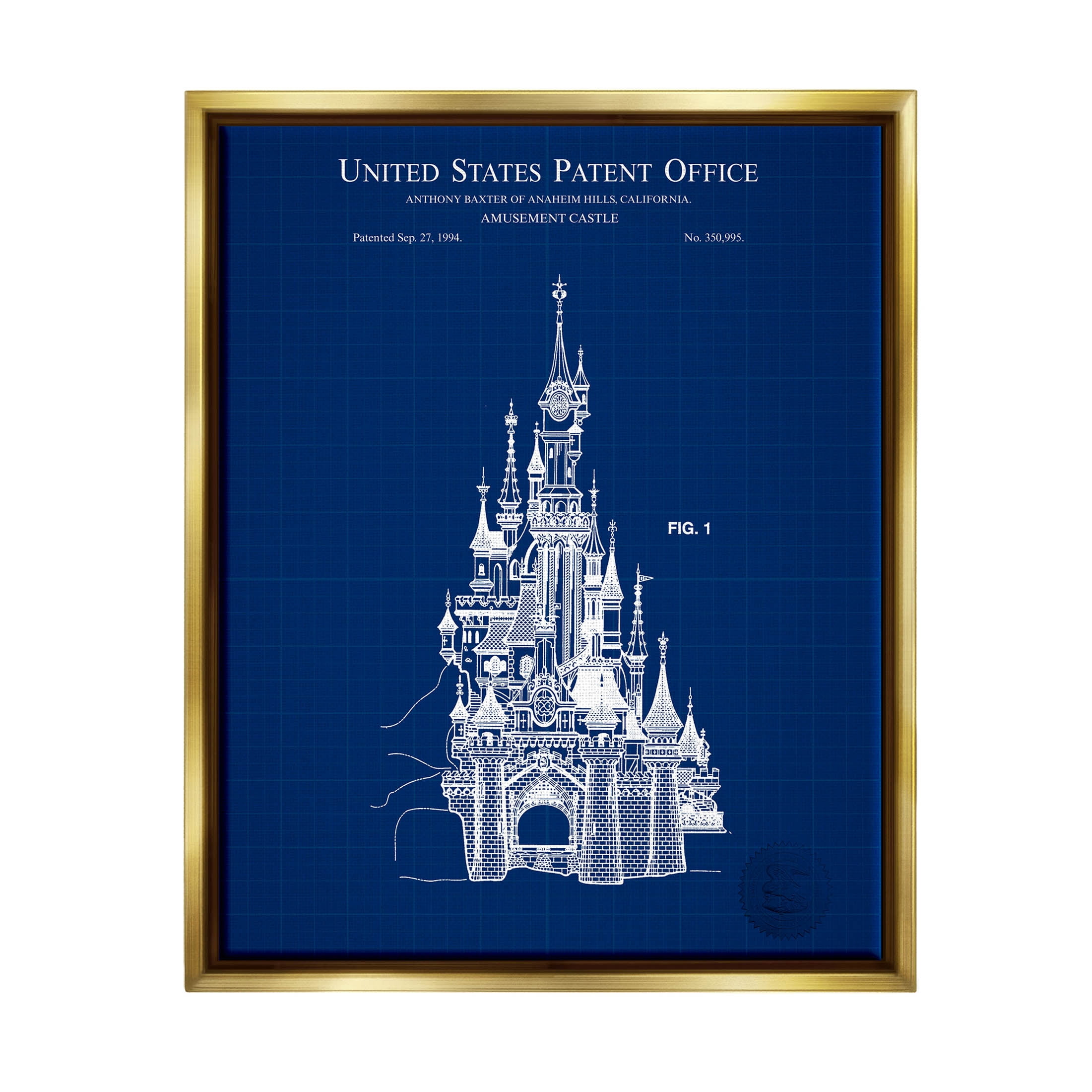 Stupell Industries Amusement Castle Blueprint Graphic Art Metallic Gold Floating Framed Canvas Print Wall Art, Design by Karl Hronek