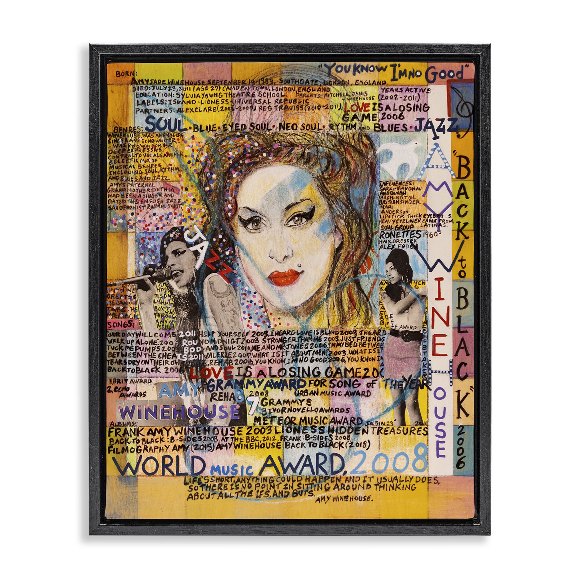 Stupell Industries Amy Winehouse Collage People Drawing Black Floater Framed Canvas Art Print Wall Art, 25 x 31