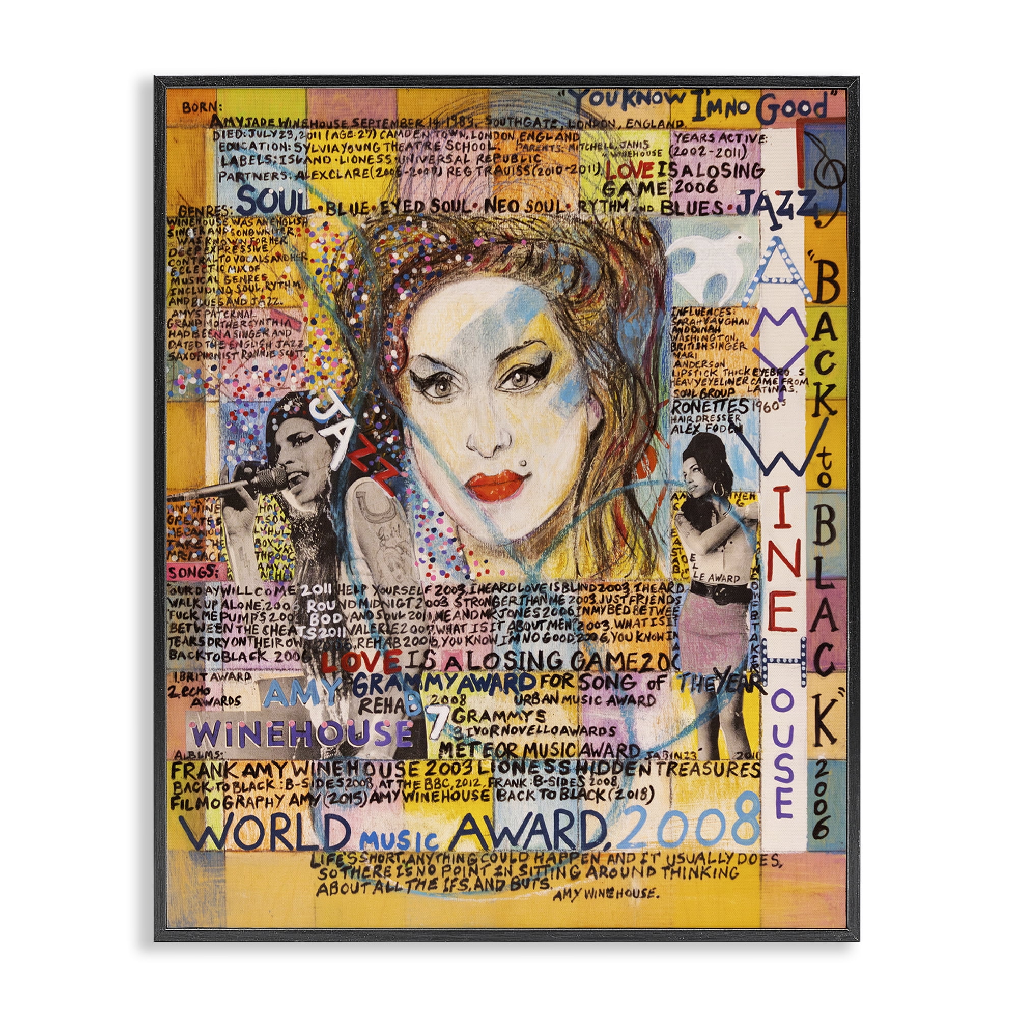Stupell Industries Amy Winehouse Collage People Drawing Black Framed Art Print Wall Art, 16 x 20