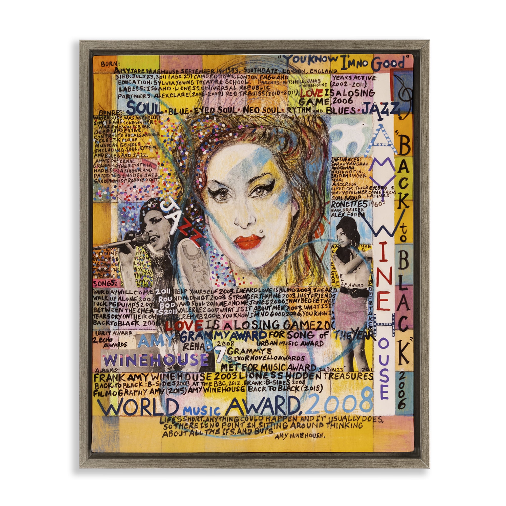 Stupell Industries Amy Winehouse Collage People Drawing Brown Floater Framed Canvas Art Print Wall Art, 25 x 31