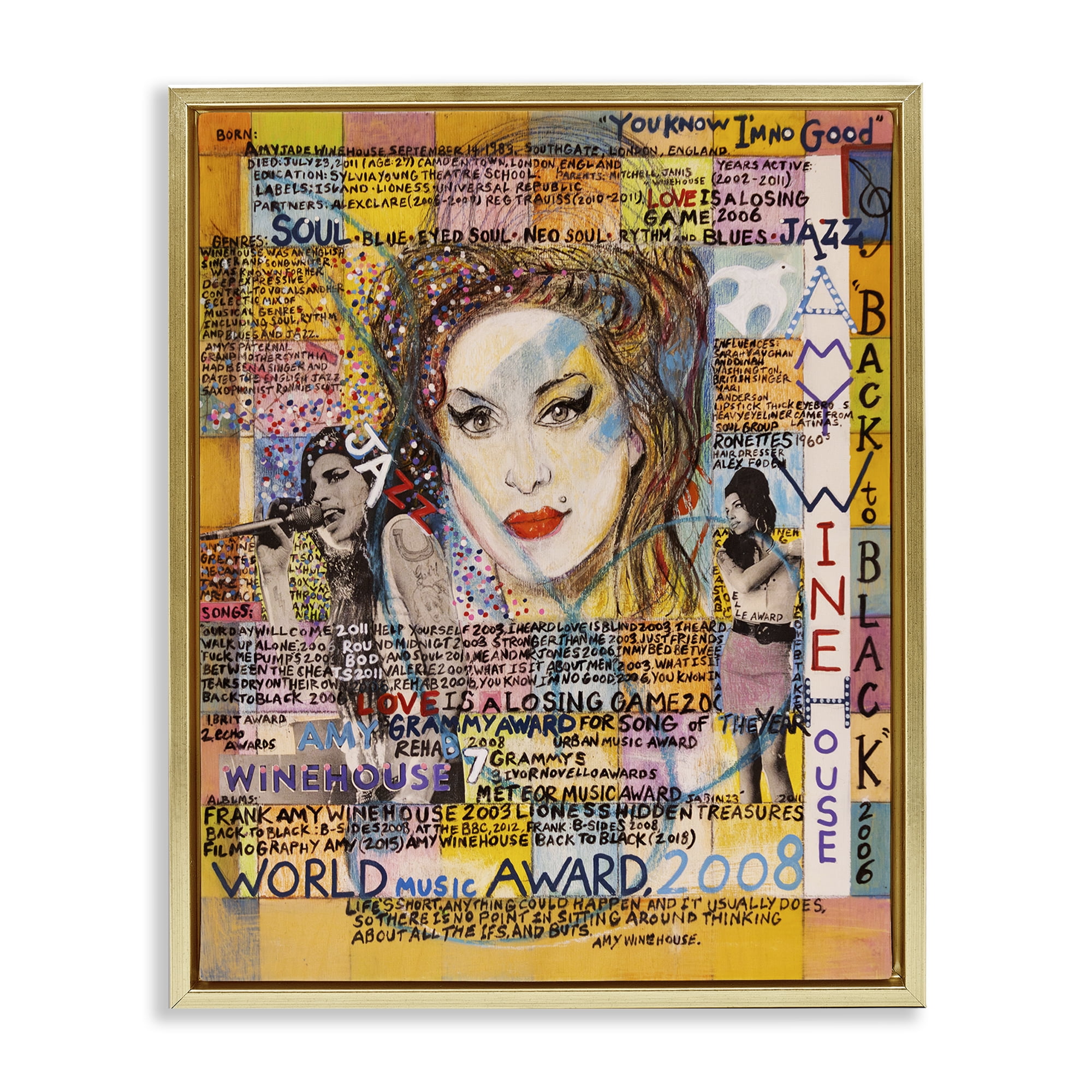 Stupell Industries Amy Winehouse Collage People Drawing Gold Floater Framed Canvas Art Print Wall Art, 17 x 21