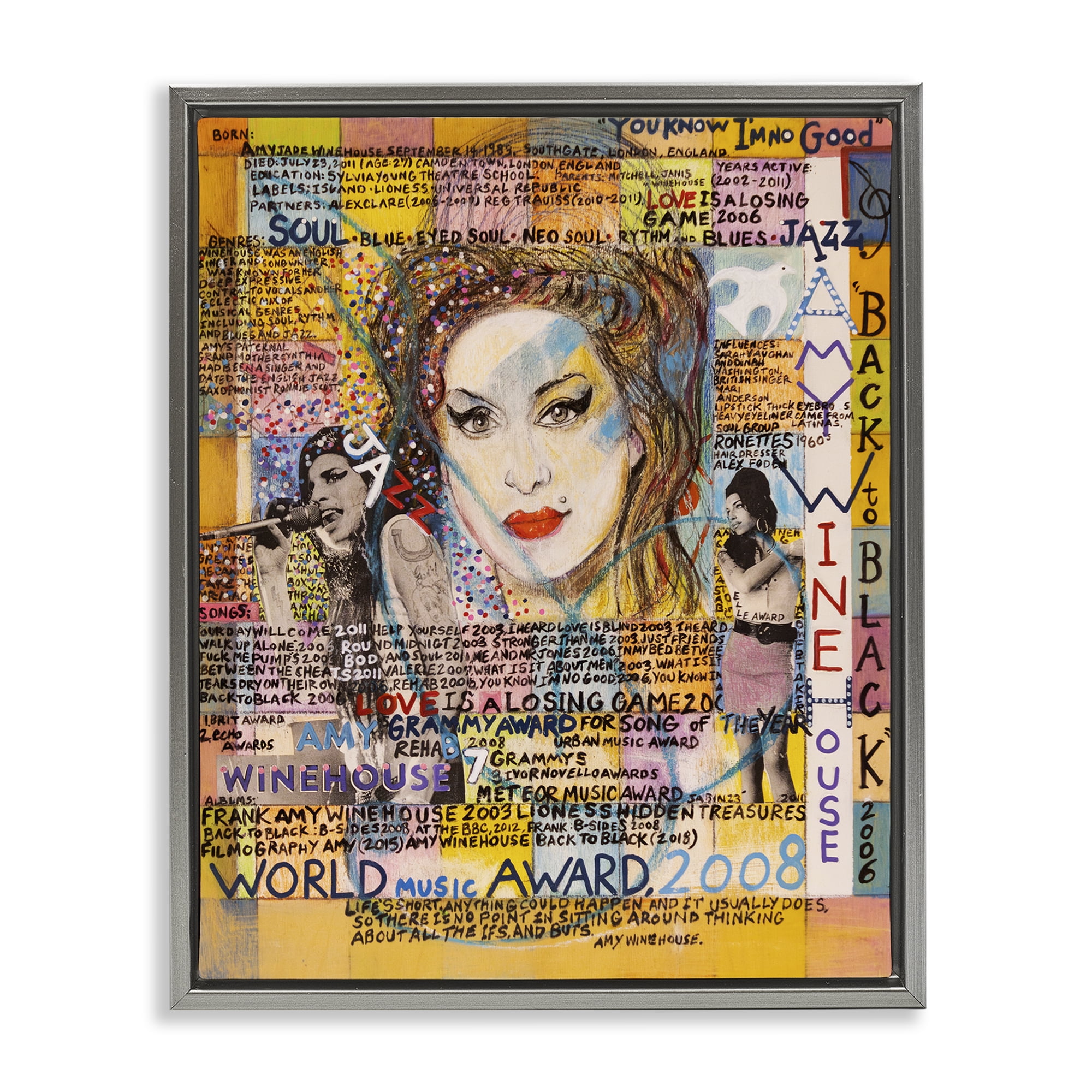Stupell Industries Amy Winehouse Collage People Drawing Gray Floater Framed Canvas Art Print Wall Art, 17 x 21