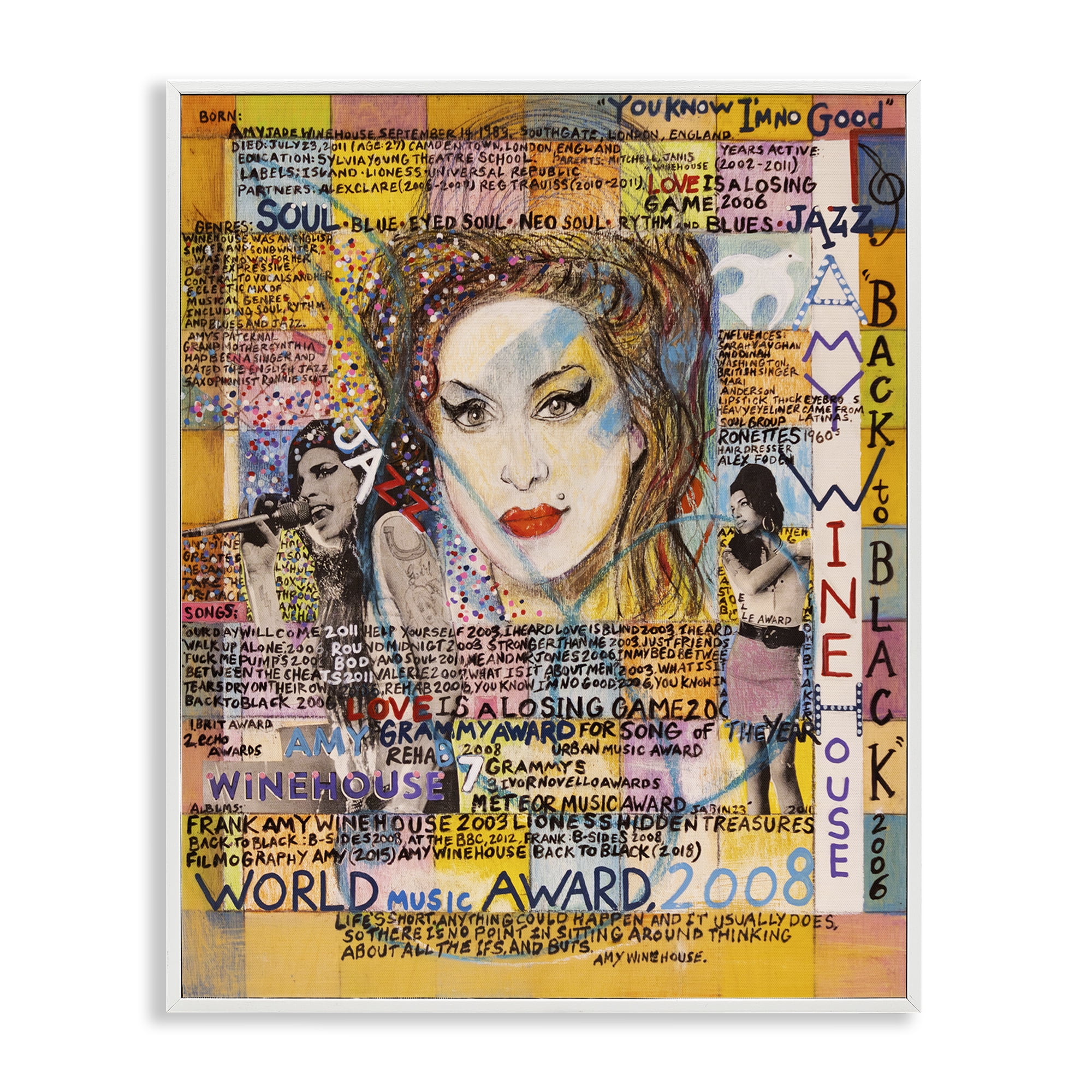 Stupell Industries Amy Winehouse Collage People Drawing White Framed Art Print Wall Art, 11 x 14