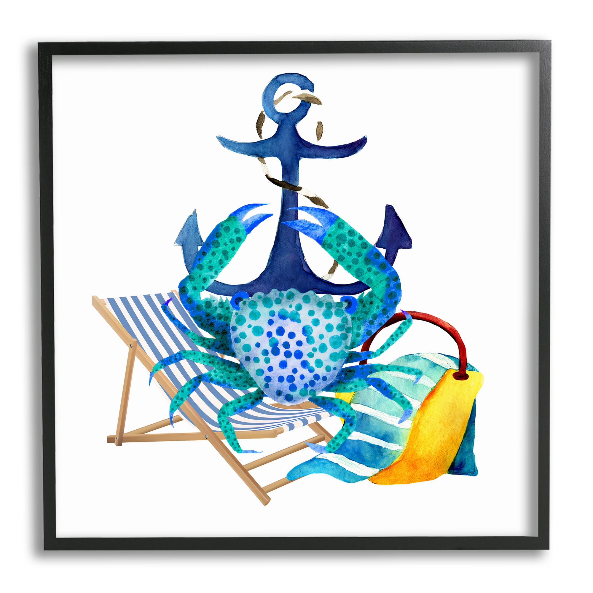Stupell Industries Anchor & Beach Crab Animals & Insects Painting Black Framed Art Print Wall Art, 17 x 17