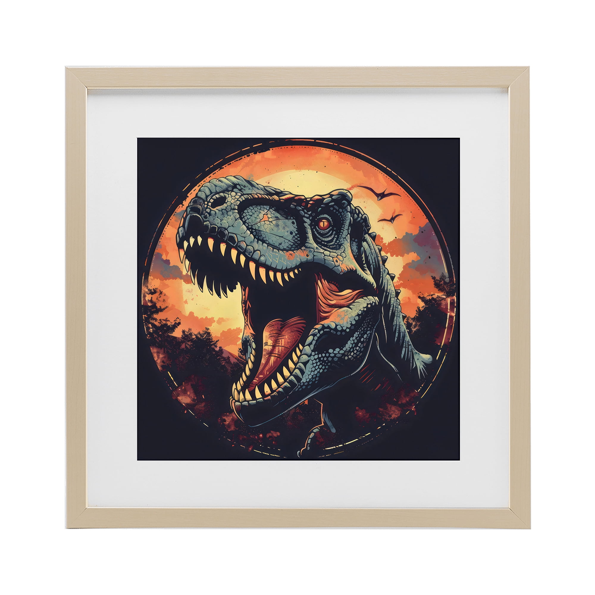 Stupell Industries Ancient Dino Roaring at Sunset Birch Framed Print Under Glass, design by Creative Studio