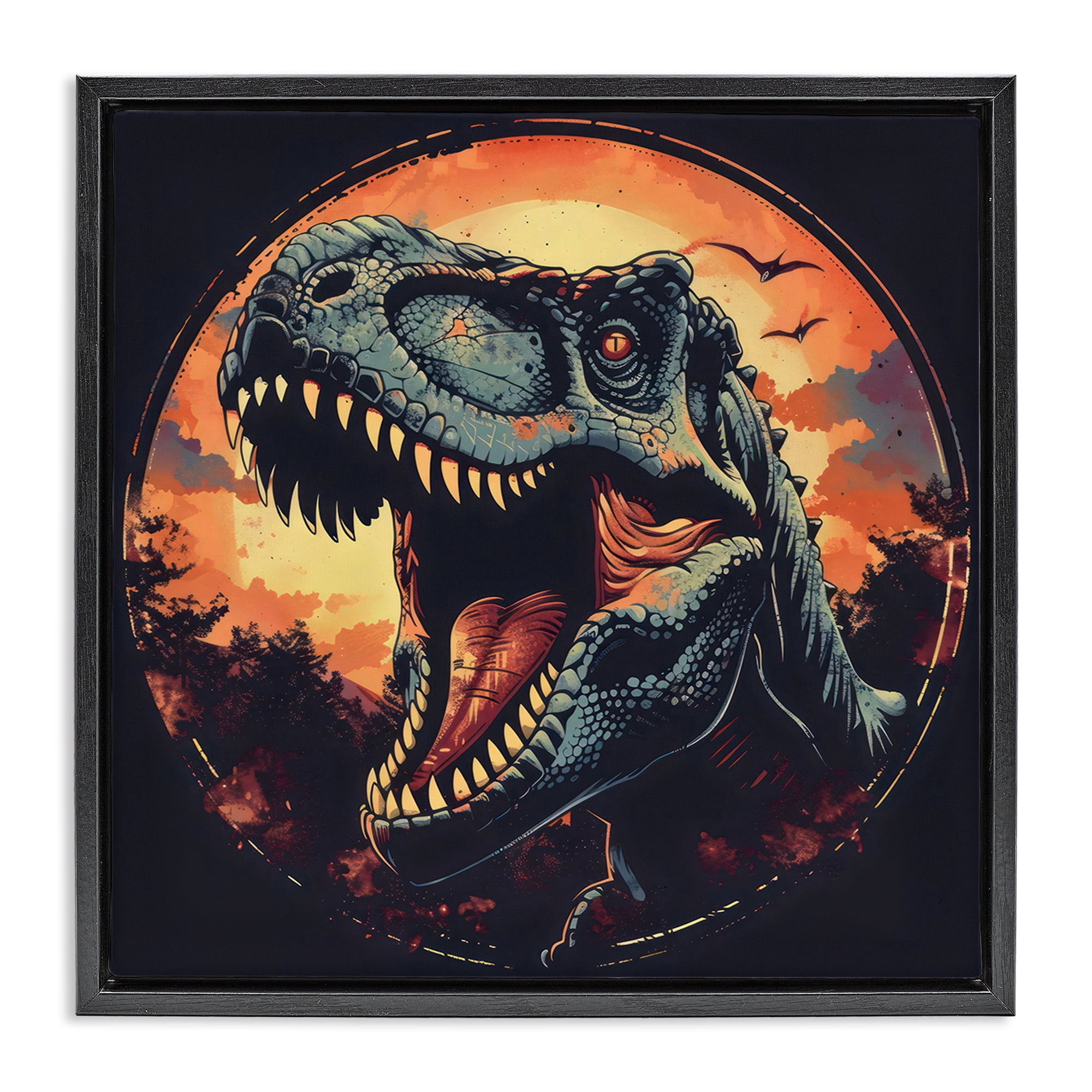 Stupell Industries Ancient Dino Roaring at Sunset Black Framed Floater Canvas Wall Art, design by Creative Studio