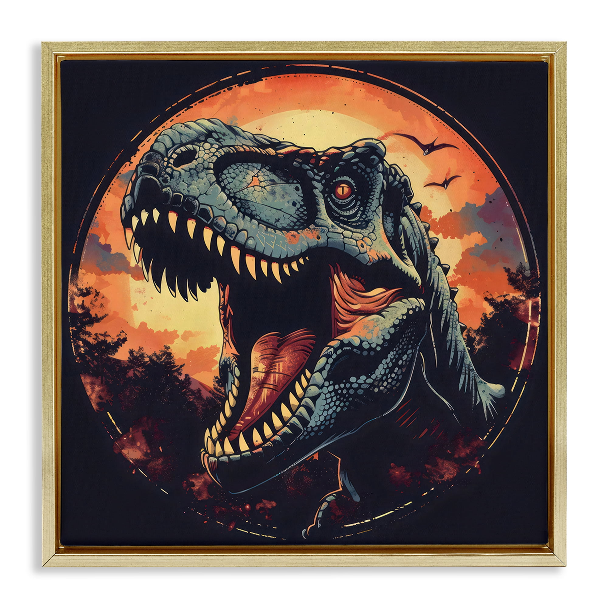 Stupell Industries Ancient Dino Roaring at Sunset Gold Framed Floater Canvas Wall Art, design by Creative Studio