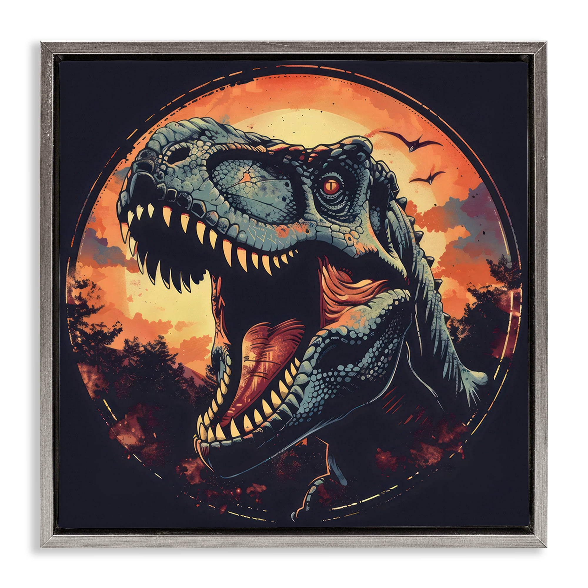 Stupell Industries Ancient Dino Roaring at Sunset Gray Framed Floater Canvas Wall Art, design by Creative Studio