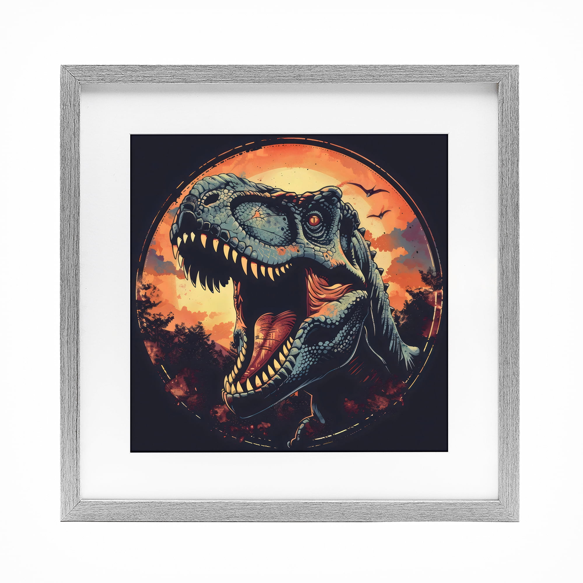 Stupell Industries Ancient Dino Roaring at Sunset Gray Framed Print Under Glass, design by Creative Studio