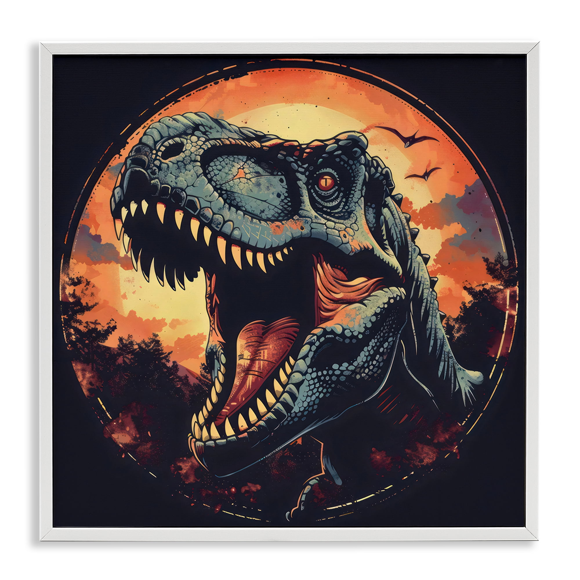 Stupell Industries Ancient Dino Roaring at Sunset White Framed Giclee Art, design by Creative Studio