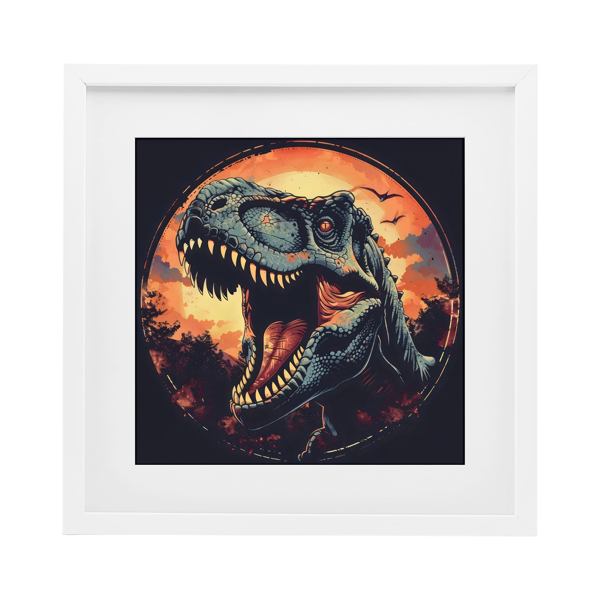 Stupell Industries Ancient Dino Roaring at Sunset White Framed Print Under Glass, design by Creative Studio