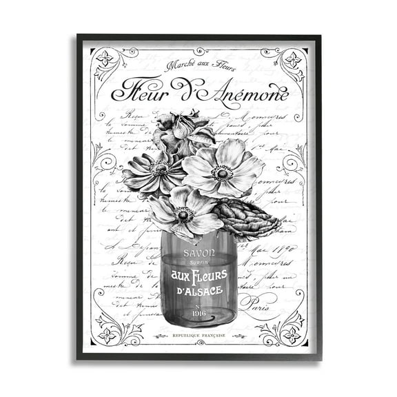 Stupell Industries Anemone Flower French Text Fancy Floral Border Graphic Art Black Framed Art Print Wall Art, Design by Lettered and Lined