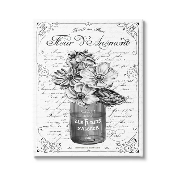 Stupell Industries Anemone Flower French Text Fancy Floral Border Graphic Art Gallery Wrapped Canvas Print Wall Art, Design by Lettered and Lined