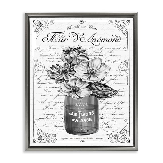 Stupell Industries Shabby Chic Anemone Flower French Text Fancy Floral Border Gray Floating Frame Canvas Art, 17 x 21, by Lettered and Lined