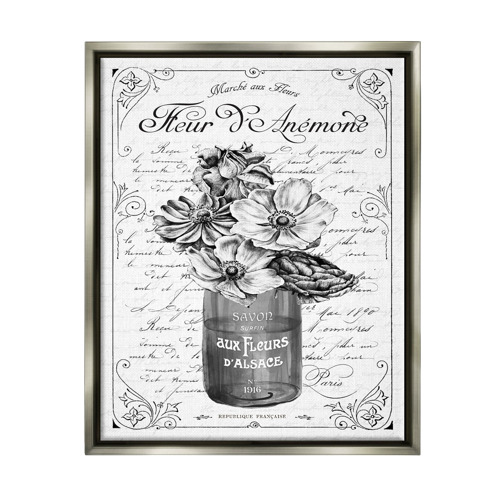 Stupell Industries Anemone Flower French Text Fancy Floral Border Graphic Art Luster Gray Floating Framed Canvas Print Wall Art, Design by Lettered and Lined