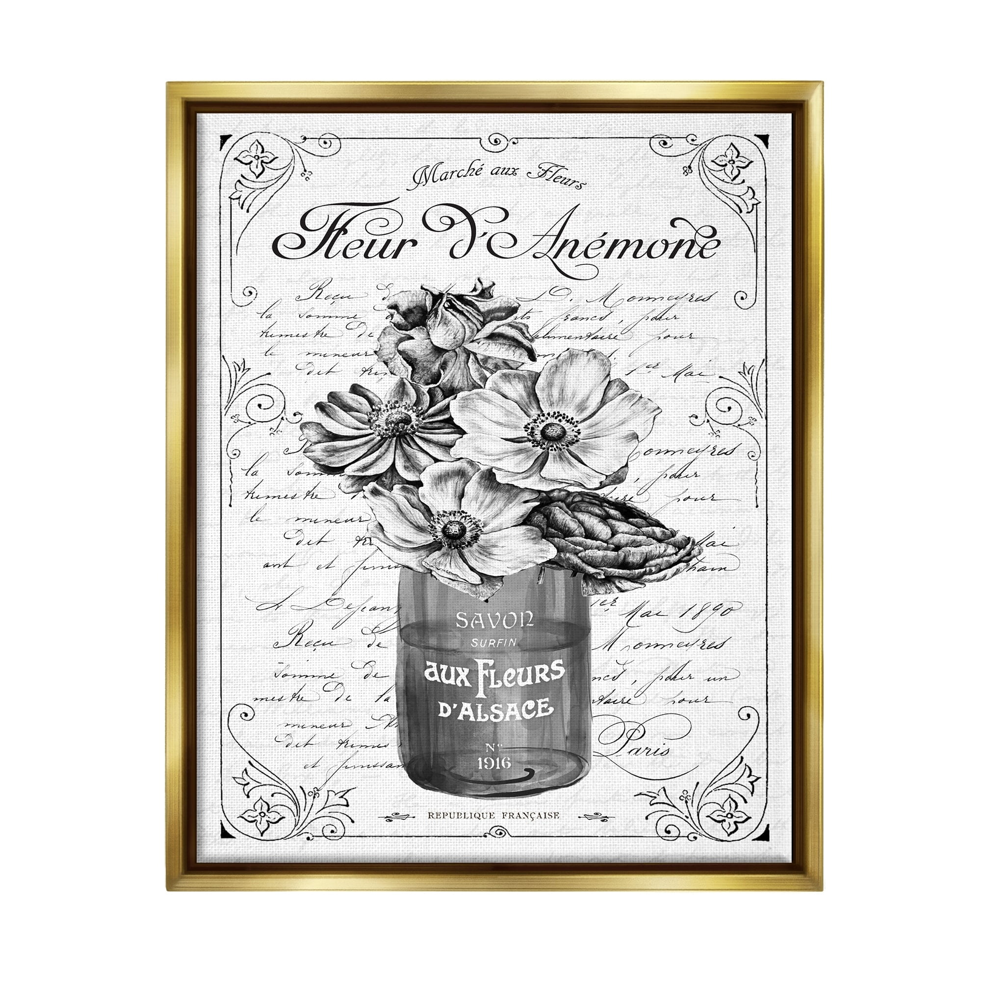 Stupell Industries Anemone Flower French Text Fancy Floral Border Graphic Art Metallic Gold Floating Framed Canvas Print Wall Art, Design by Lettered and Lined