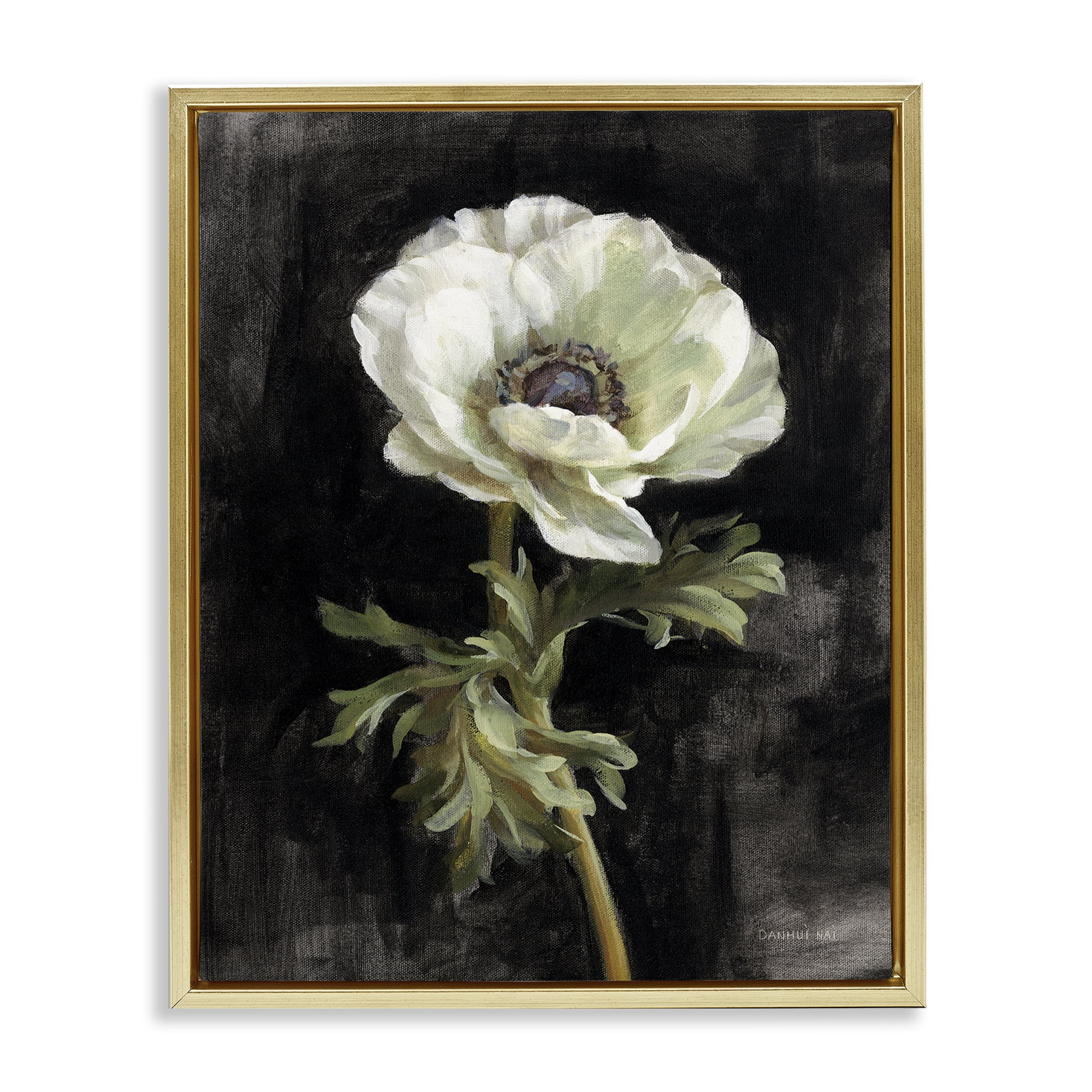 Stupell Industries Anemone on Black Plants & Flowers Painting Gold Floater Framed Canvas Art Print Wall Art, 25 x 31
