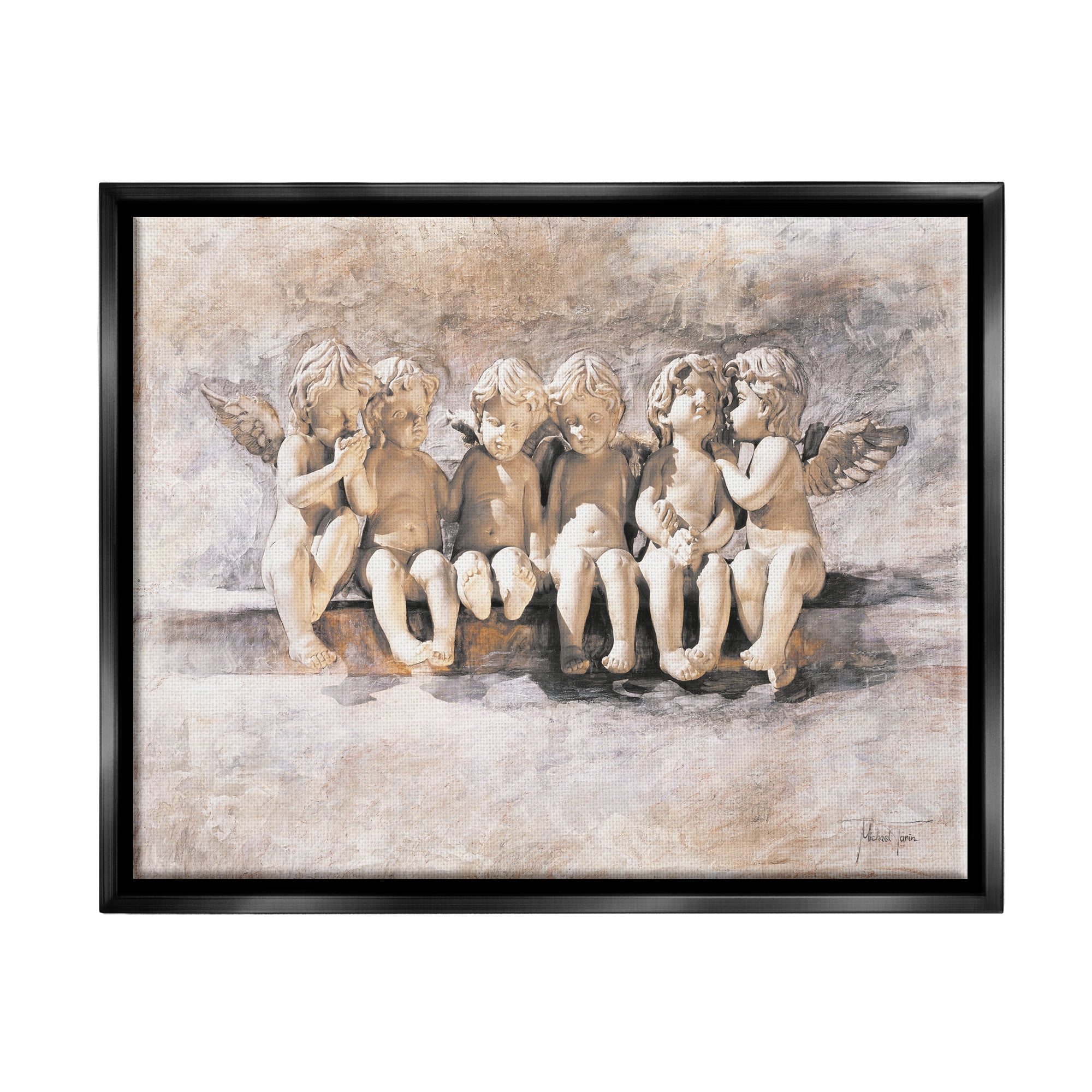 Stupell Industries Angels Chatting Religious Neutral Grey Painting Jet Black Framed Floating Canvas Wall Art, 16x20, by Young and Proven