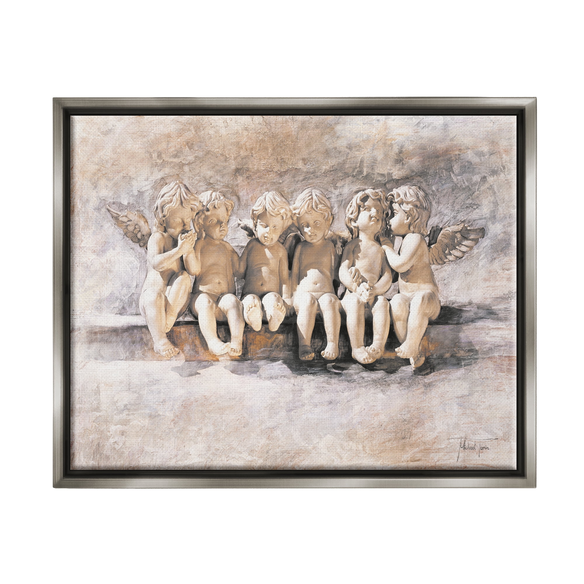 Stupell Industries Angels Chatting Religious Neutral Grey Painting Luster Gray Framed Floating Canvas Wall Art, 24x30, by Young and Proven