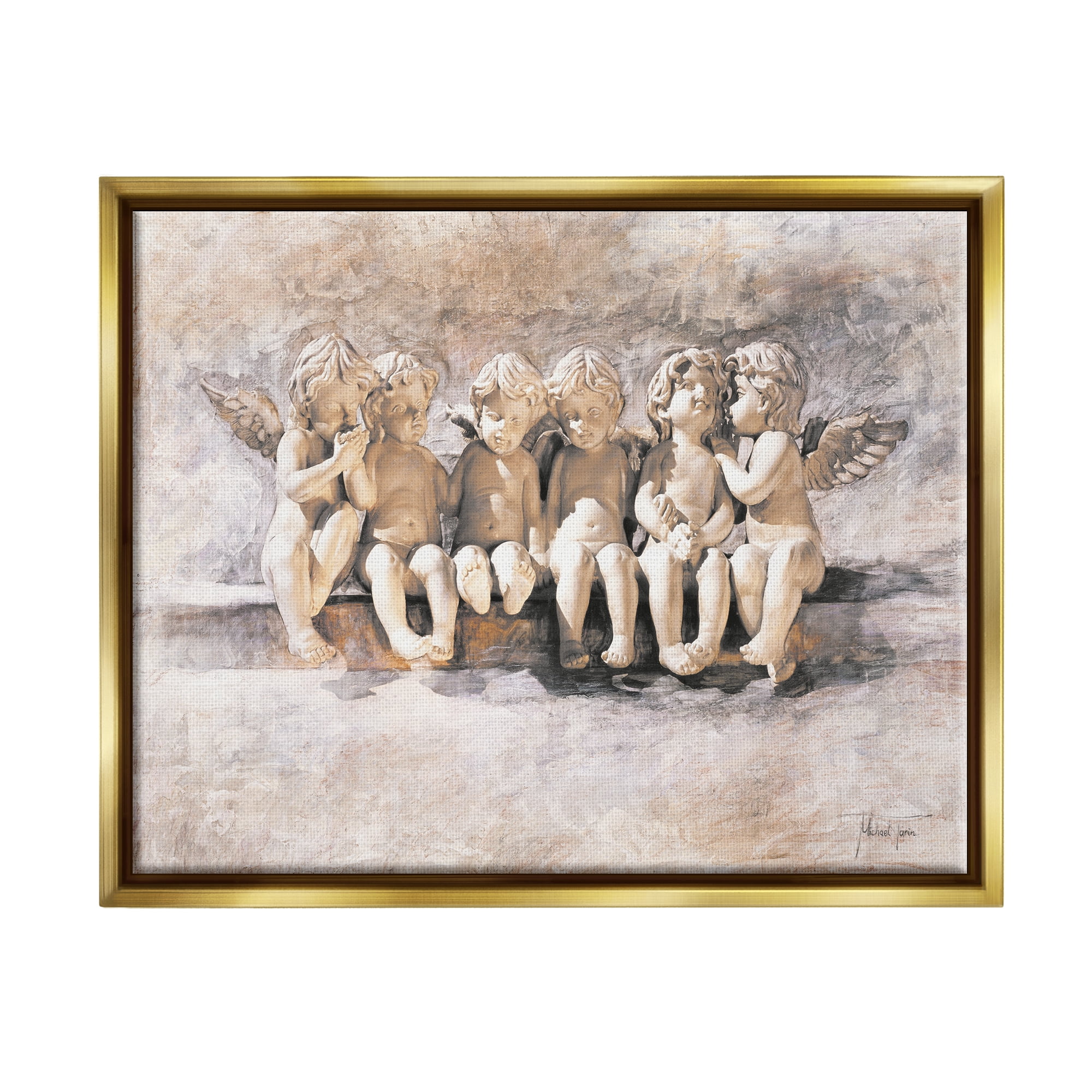 Stupell Industries Angels Chatting Religious Neutral Grey Painting Metallic Gold Framed Floating Canvas Wall Art, 16x20, by Young and Proven
