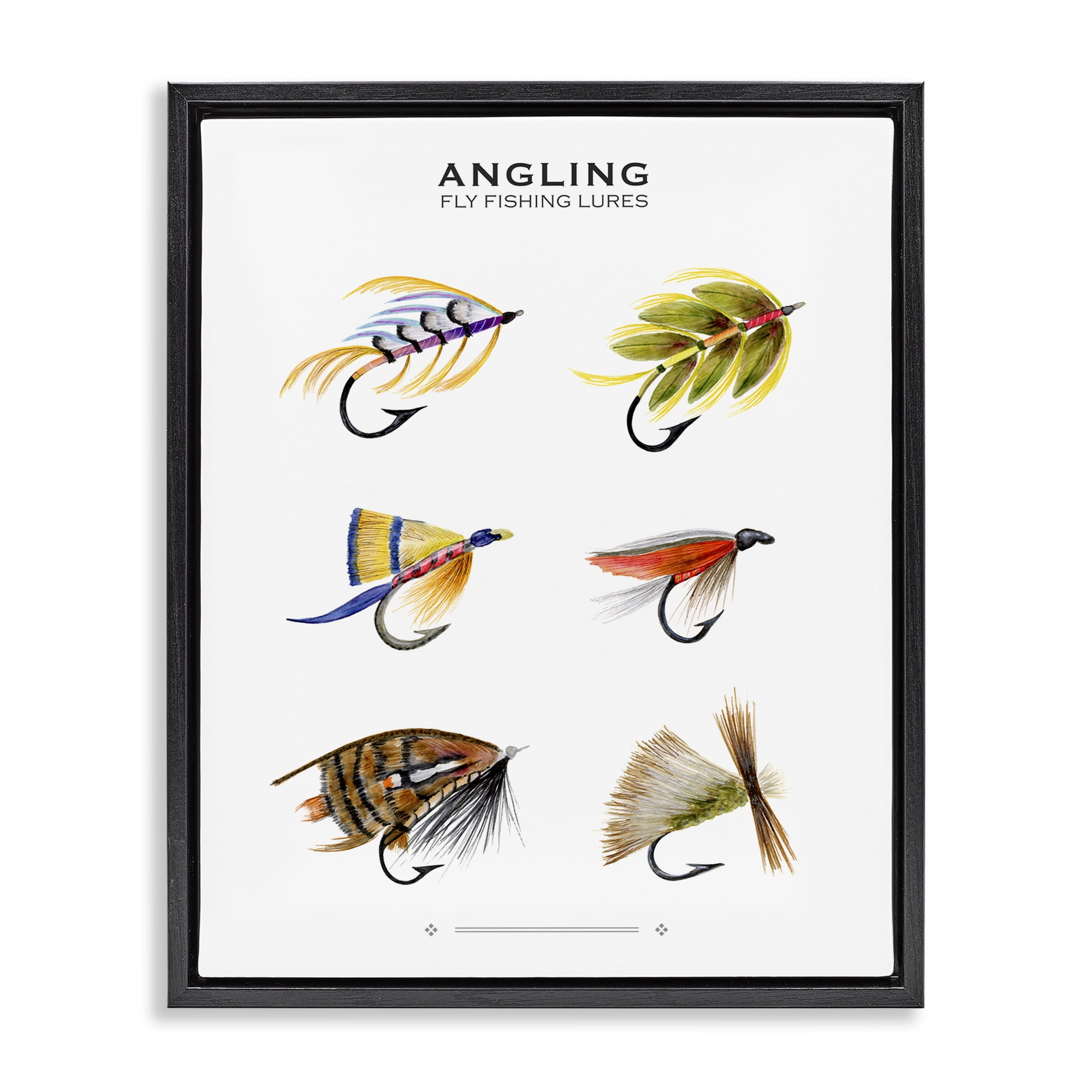 Stupell Industries Angling Fly Fishing Lures Sports Painting Black Floater Framed Canvas Art Print Wall Art, 17 x 21