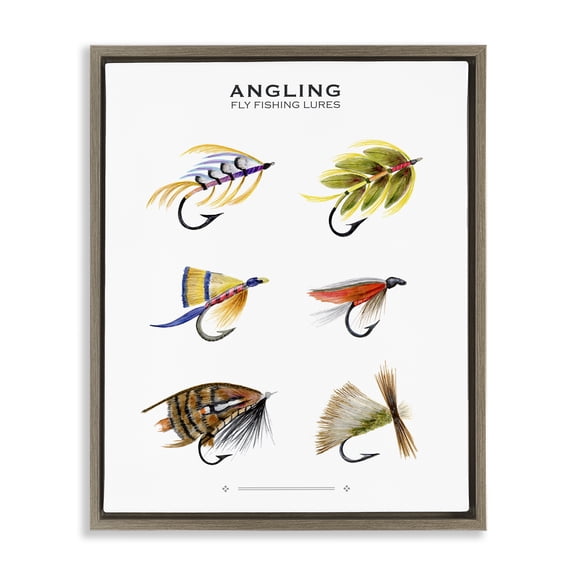 Stupell Industries Angling Fly Fishing Lures Sports Painting Brown Floater Framed Canvas Art Print Wall Art, 17 x 21