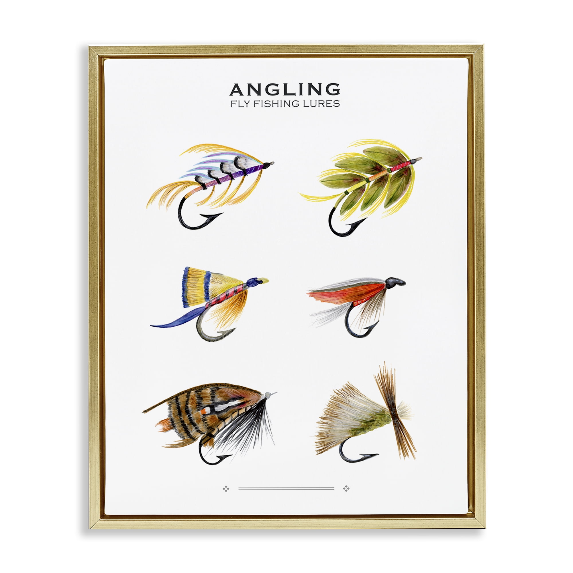 Stupell Industries Angling Fly Fishing Lures Sports Painting Gold Floater Framed Canvas Art Print Wall Art, 17 x 21