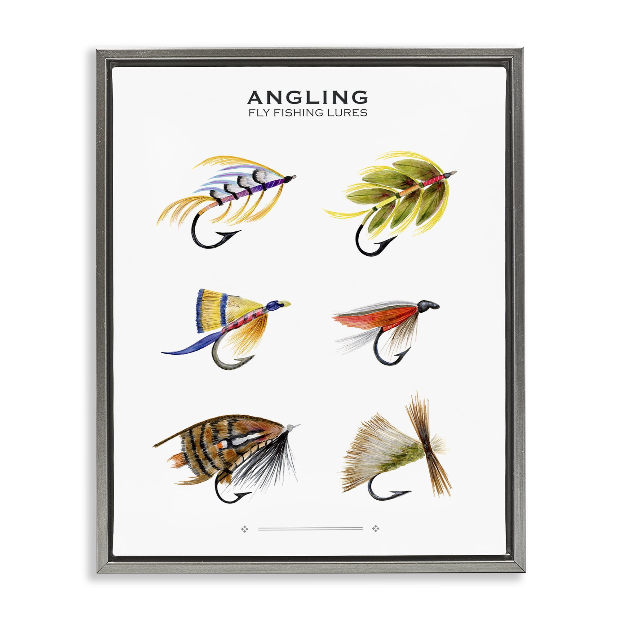 Stupell Industries Angling Fly Fishing Lures Sports Painting Gray Floater Framed Canvas Art Print Wall Art, 25 x 31
