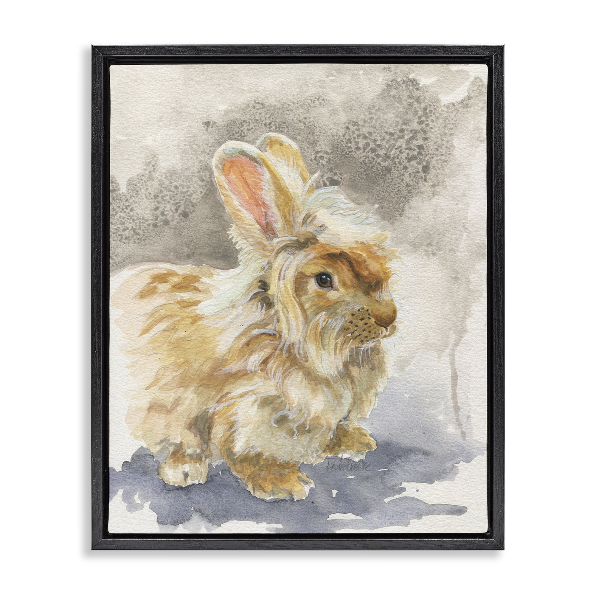 Stupell Industries Angora Bunny Watercolor Animals Painting Black Floater Framed Canvas Art Print Wall Art, 25 x 31