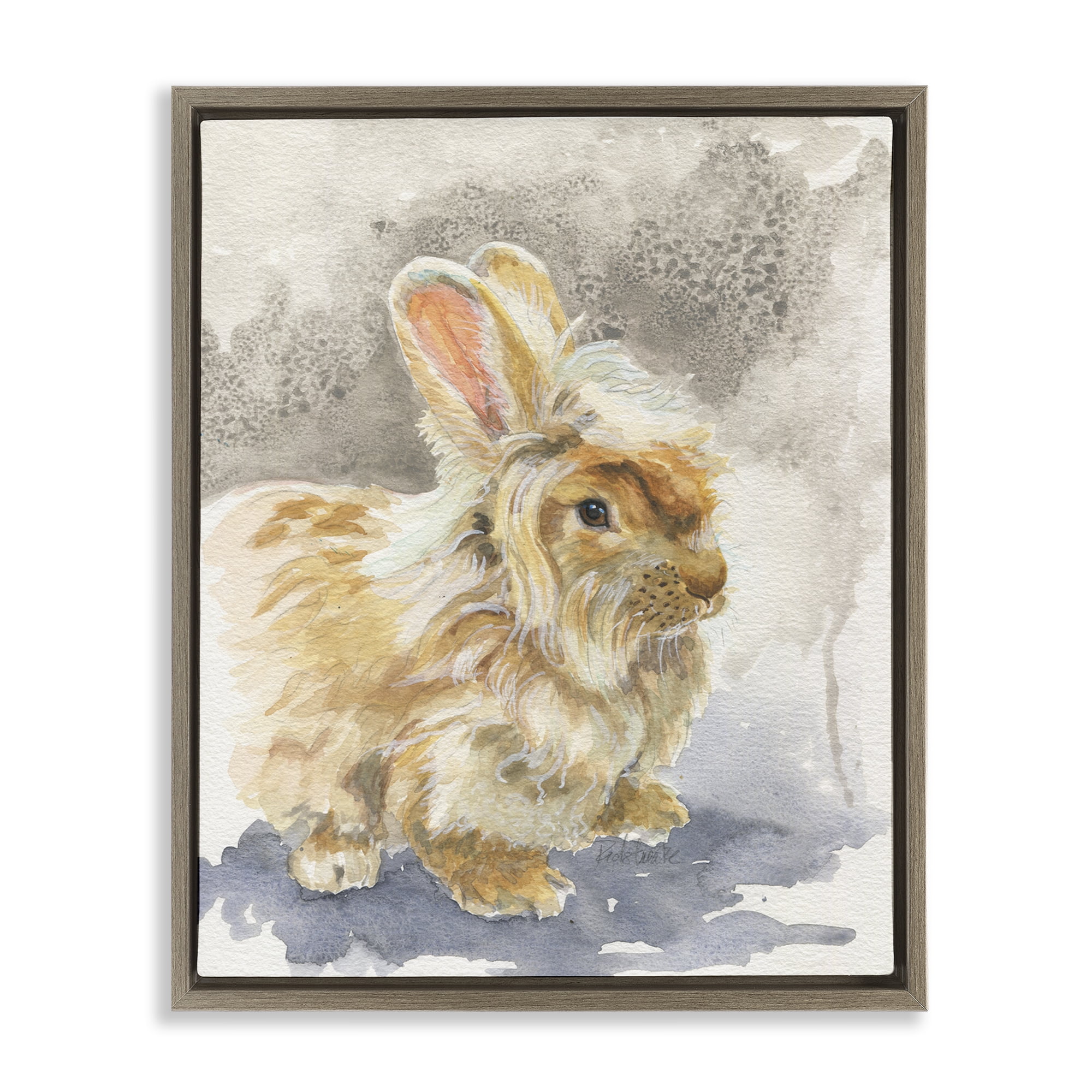 Stupell Industries Angora Bunny Watercolor Animals Painting Brown Floater Framed Canvas Art Print Wall Art, 17 x 21