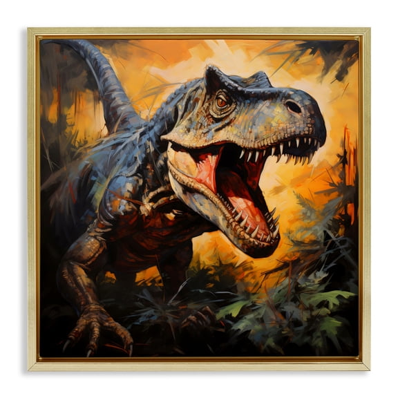 Stupell Industries Angry Dinosaur Roaring Gold Framed Floater Canvas Wall Art, design by Creative Studio