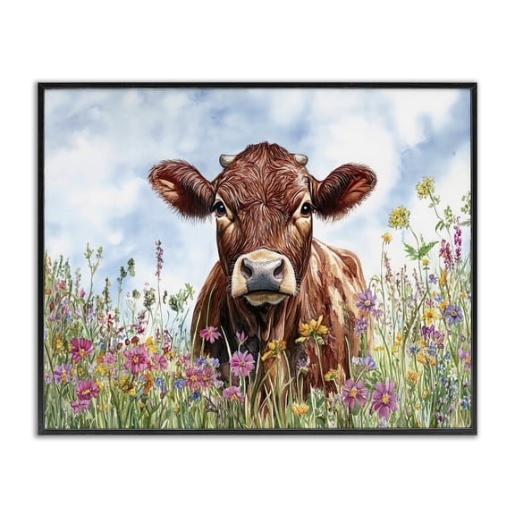 Stupell Industries Angus Cow in Field Of Flowers Animals Painting Black Framed Art Print Wall Art, 14 x 11