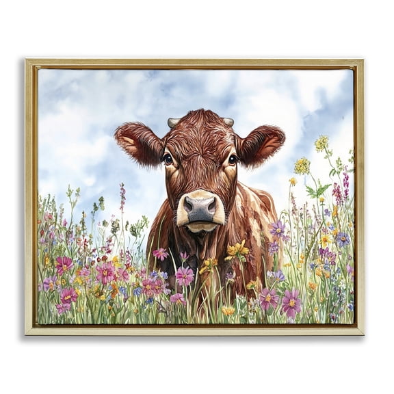 Stupell Industries Angus Cow in Field Of Flowers Animals Painting Gold Floater Framed Canvas Art Print Wall Art, 21 x 17