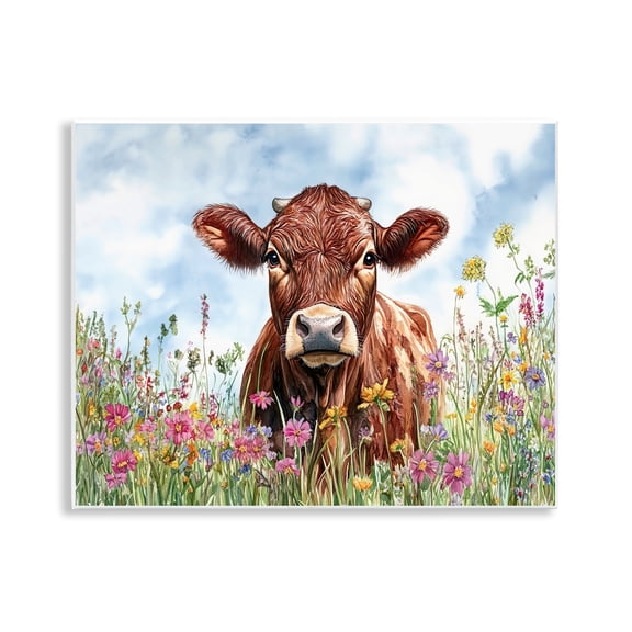 Stupell Industries Angus Cow in Field Of Flowers Animals Painting Unframed Art Print Wall Art, 14 x 11
