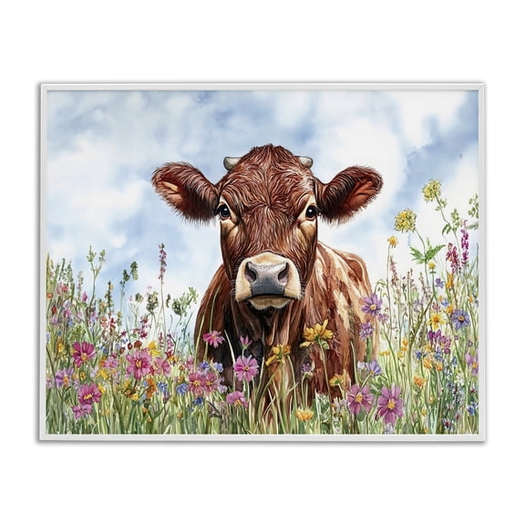 Stupell Industries Angus Cow in Field Of Flowers Animals Painting White Framed Art Print Wall Art, 20 x 16