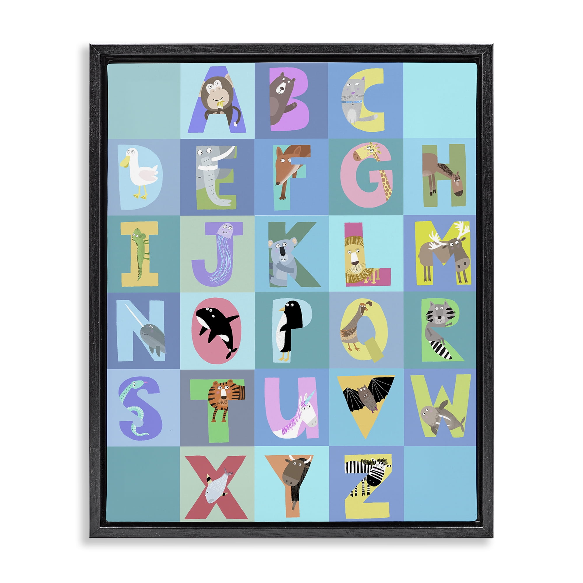 Stupell Industries Animal Alphabet in Blue Black Framed Floater Canvas Wall Art, design by Carla Daly