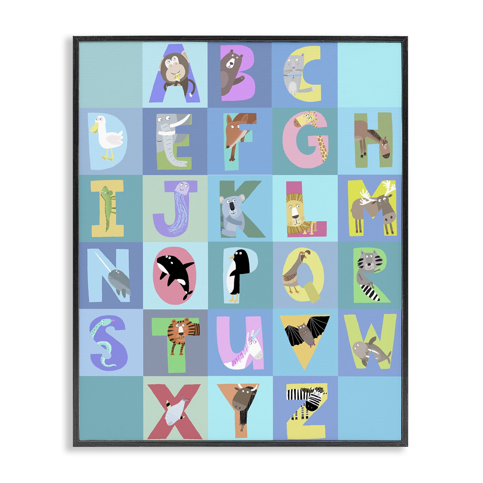 Stupell Industries Animal Alphabet in Blue Black Framed Giclee Art, design by Carla Daly